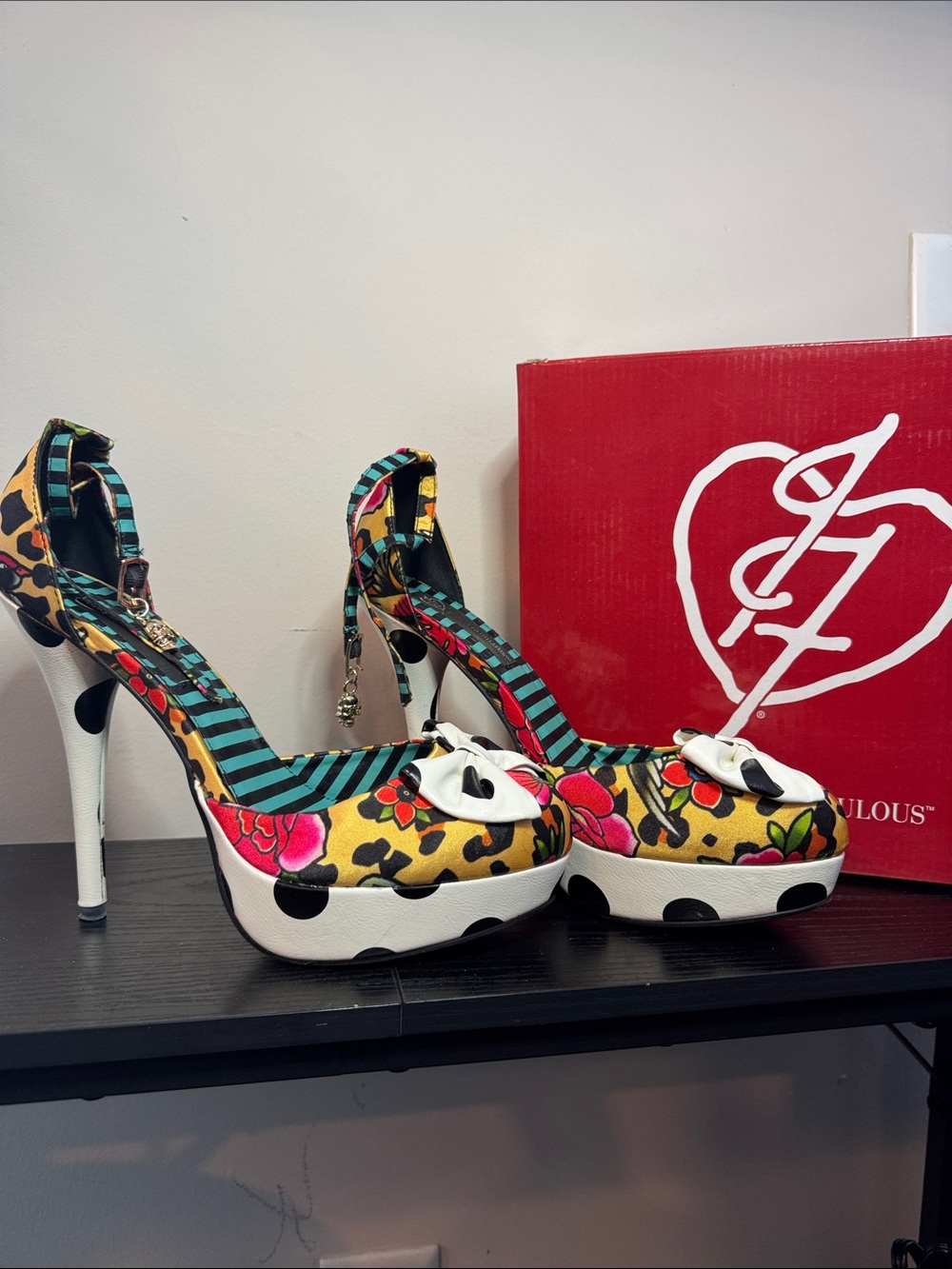 JustFab Yellow Floral Platform Heels with Polka Dot Trim
